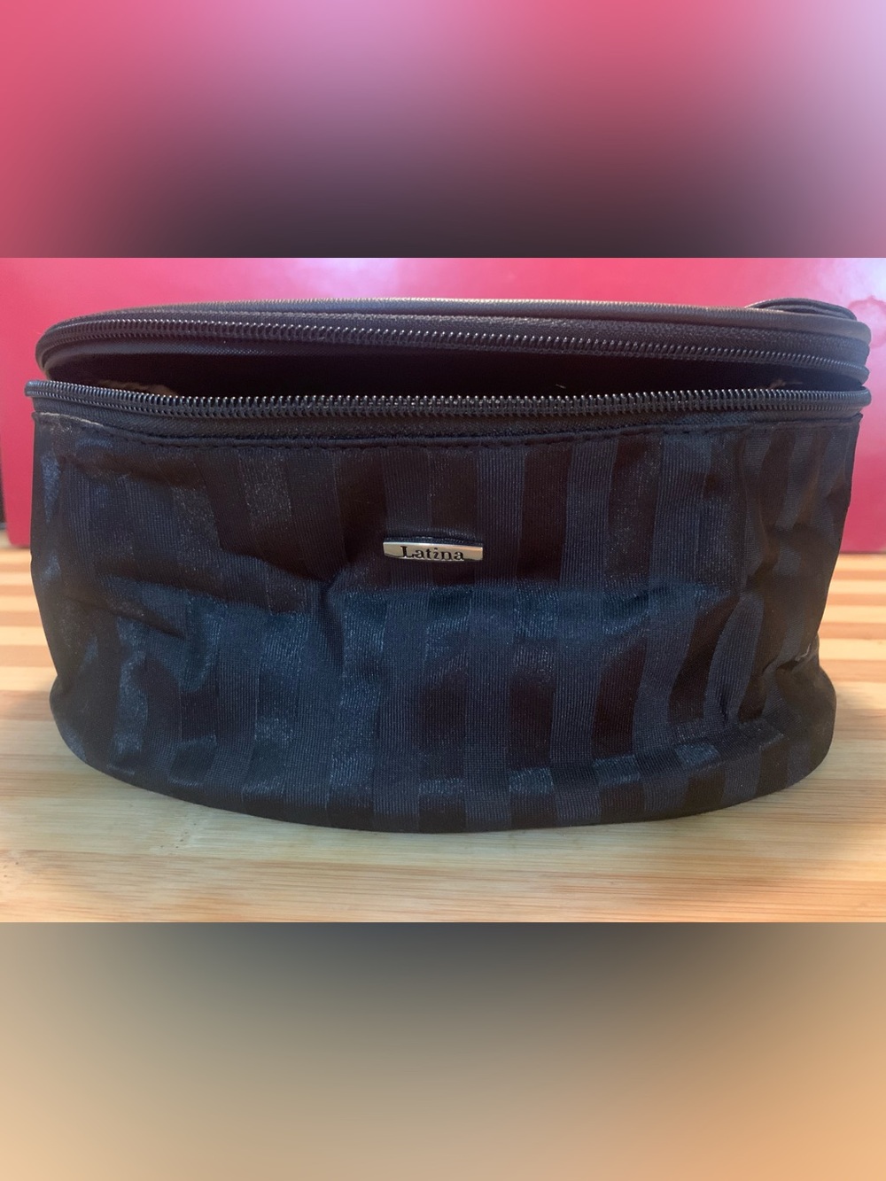 Latina Black Striped Satin Cosmetic Bag 12 x 7 x 4.5 Inches